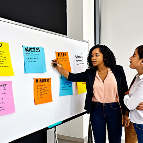 Home 15 **Image:** A diverse group of solopreneurs collaborating in a modern co-working space, brainstorming ideas on a whiteboard covered in colorful notes and diagrams. Emphasis on inclusivity and different cultural backgrounds.