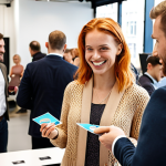 A Dutch solopreneur networking at a local business event, exchanging business cards with potential freelancers in a modern, collaborative workspace.