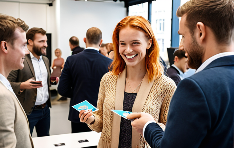 A Dutch solopreneur networking at a local business event, exchanging business cards with potential freelancers in a modern, collaborative workspace.