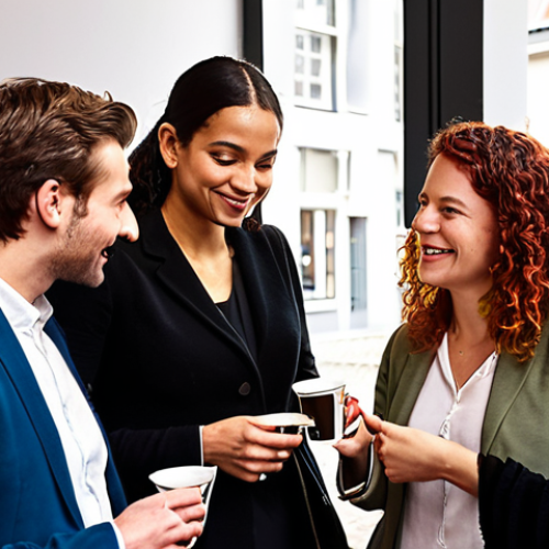 Home 7 **"A vibrant networking event in Amsterdam. Solopreneurs connecting authentically, exchanging business cards, and sharing ideas over coffee. A modern, collaborative workspace setting with diverse individuals."**