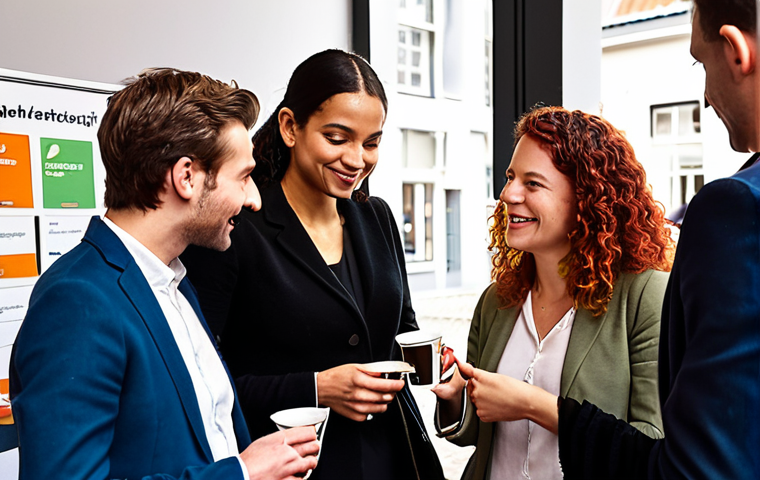 **"A vibrant networking event in Amsterdam. Solopreneurs connecting authentically, exchanging business cards, and sharing ideas over coffee. A modern, collaborative workspace setting with diverse individuals."**